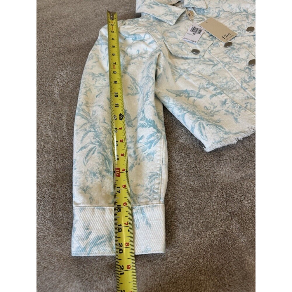 ELIE TAHARI Floral Denim Jacket Cropped Raw Hem White Blue Size M Cotton - Picture 14 of 16